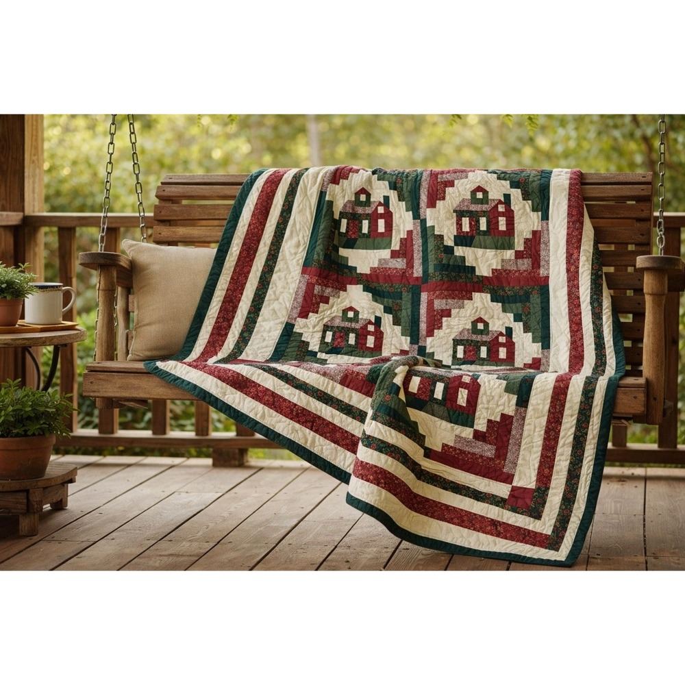 Handmade Log Cabin Schoolhouse Patchwork Quilt Green Cream Farmhouse 80x65